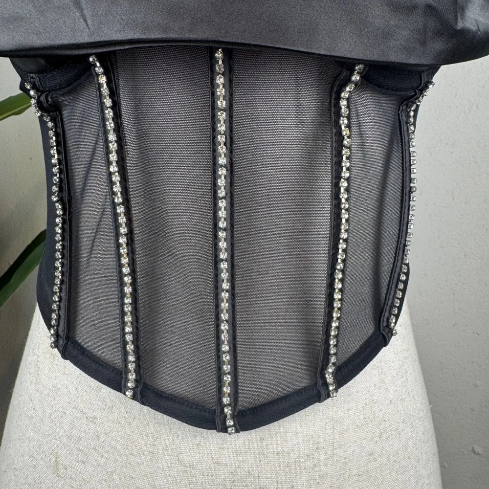 Girly Grunge Festival Black Cropped Rhinestone Windsor Corset Top Women S NWT